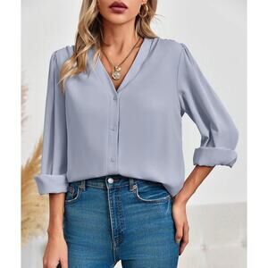 Imily Bela Boutique Blue Bishop Sleeve V-Neck Blouse Large